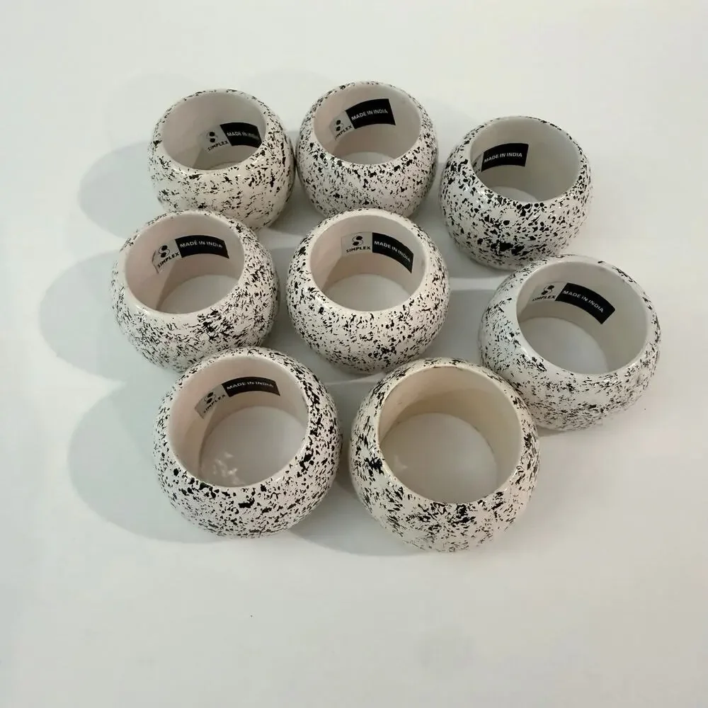 Simplex Napkin Rings Round White Black Paint Splatter Set of 8 Holders